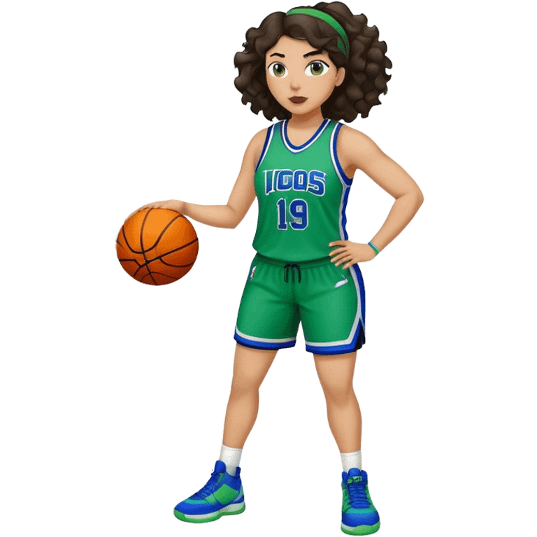 full body plus size light skin latino women basketball player with wavy dark hair large wide nose wearing blue with green uniform emoji