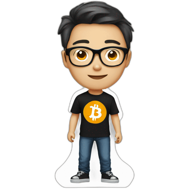 Chinese man with glasses with black t-shirt, add Bitcoin logo on His T-shirt, Make the emoji half body emoji