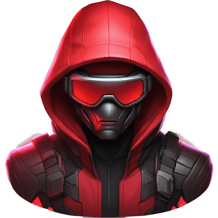 developer behind his laptop with this style : crysis Cyberpunk Riot Games Valorant neon glowing bright red character red dark black hooded assassin themed character emoji