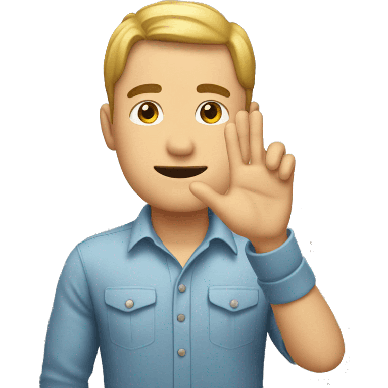 Man hold hand above head, with his fingers touching emoji