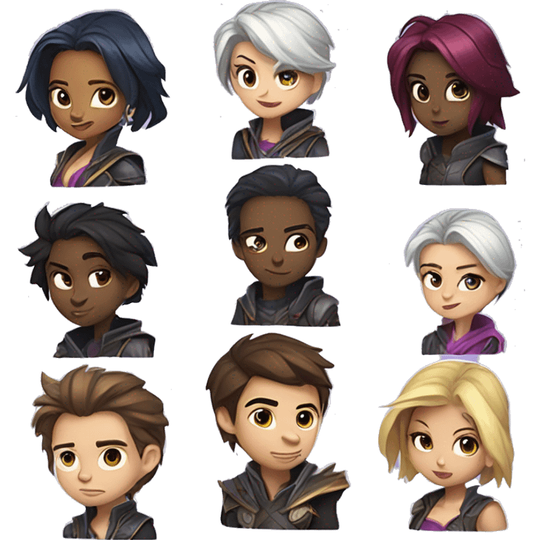 Digital sticker of a ship of characters with Fiora from the League of Legends, in the style of Disney cartoons, in different poses and actions with different emotions, many mini characters in one picture emoji