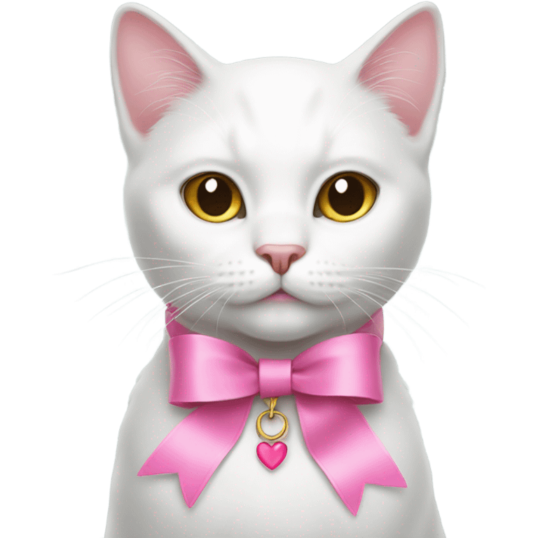 white cat wearing pink ribbon as collar emoji