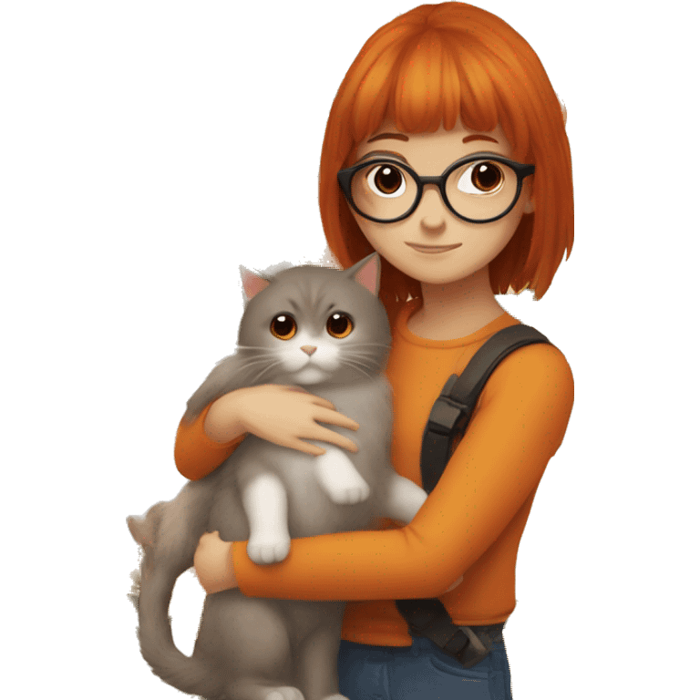 a girl with bangs, brown red hair, with round glasses hugging a furry orange and with cat emoji