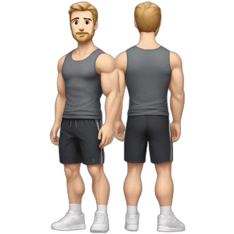 Full height Pale skinned muscular man With Realistic eyes and mouth, light brown hair and stubble In dark gray sleeveless mike, black oversize sports shorts, watch and white sneakers. emoji