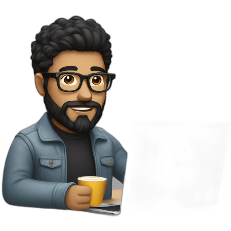 Designer with black hair, beard and glasses working with MacBook and drinking cappuccino  emoji