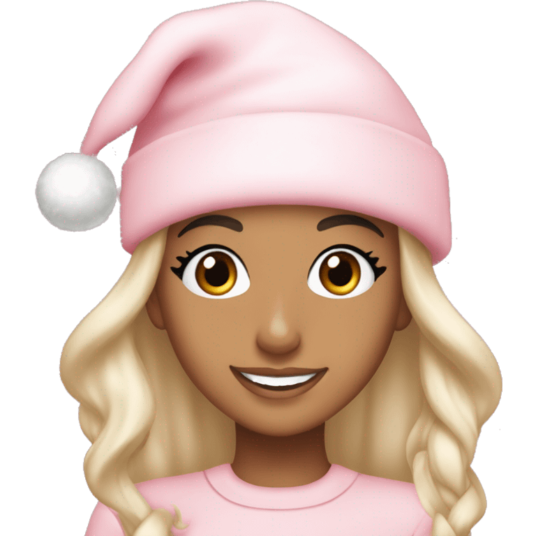 Ariana grande in a light pink christmas outfit wearing a light pink christmas hat emoji