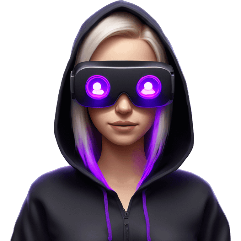 Russian girl wearing black hoody with violet letters "OMG", in vr headset oculus quest2. Standing like jedi. Cyberpunk style. Violet neon. emoji