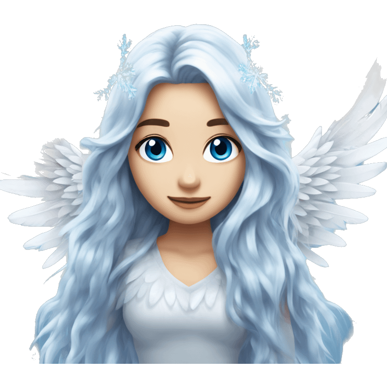 big wings, silver, feather, icy ,snowflake, Beautiful, fairy, long hair, blue eyes emoji