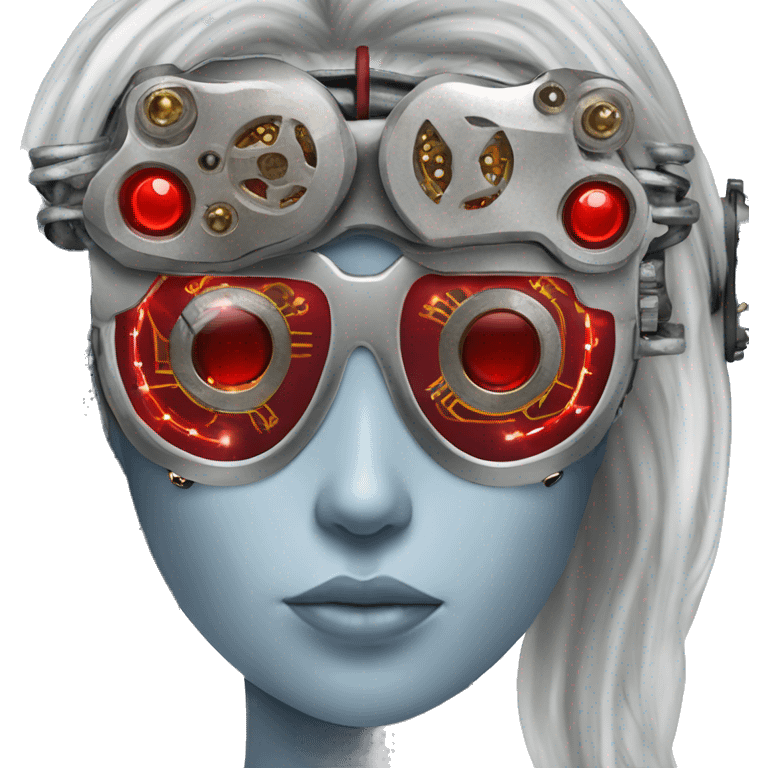 Silver long hair female cyborg head with red steampunk goggles and circuits emoji