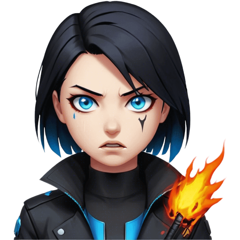 Black hair cyberpunk 2077 chibi girl with blazing blue eyes and black jacket. emotional action angry emoji