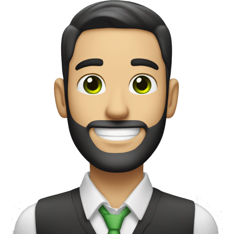 Create an emoji of a handsome white man with a suit, black hair in a crew cut, and green eyes. He has a 3-day stubble beard and is smiling happily. The overall expression should be friendly and confident. emoji