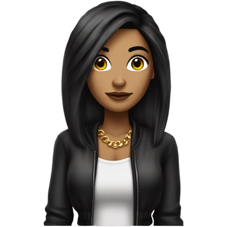 Tanned woman with long black hair dressed in 90s hip hop hair, makeup, and attire emoji