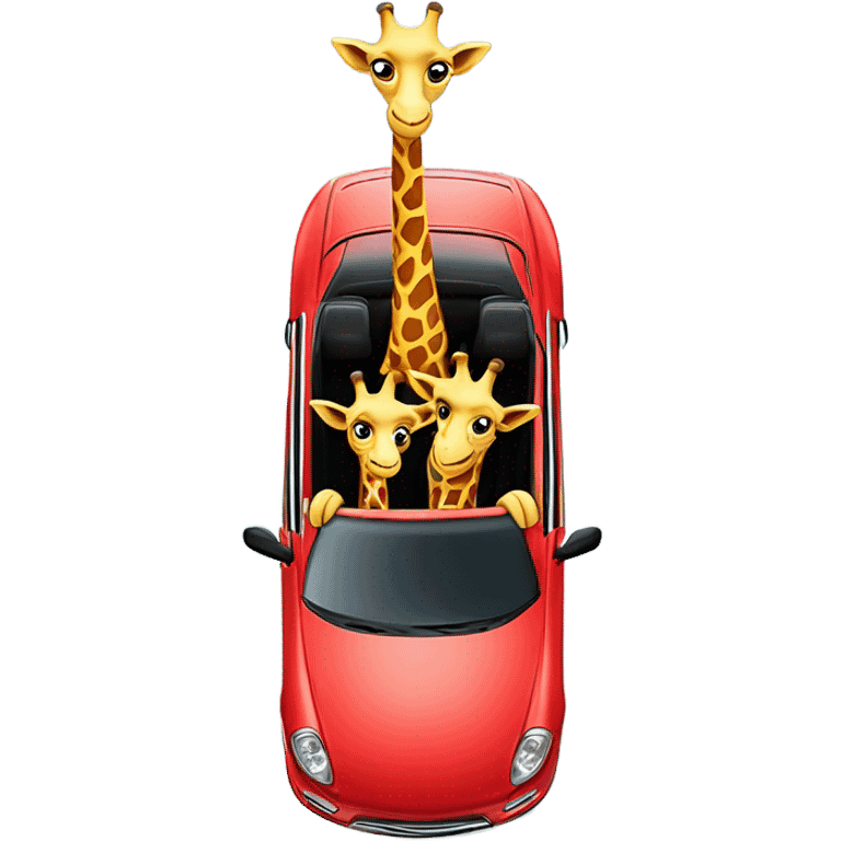 two cute giraffes driving in a red car emoji