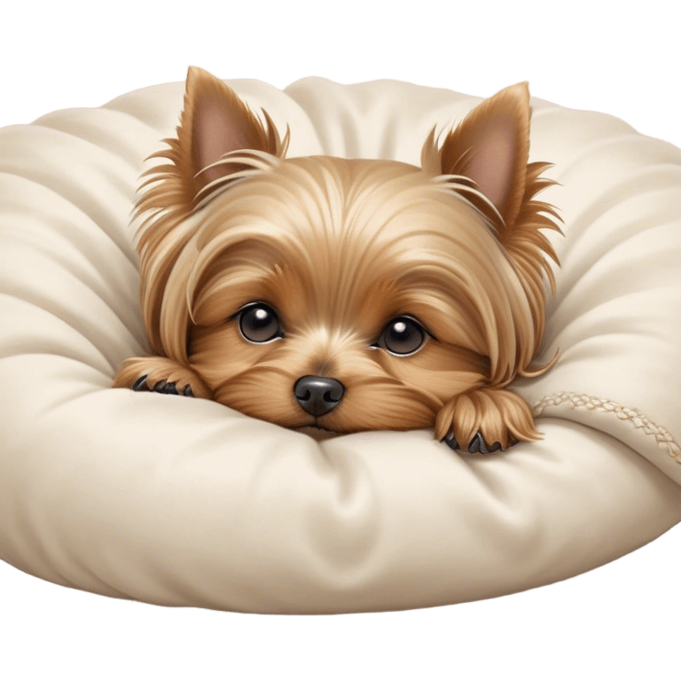 Meme-Worthy Cute Sleeping Yorkshire Terrier Portrait Emoji, Head resting gently with a peaceful, contented expression and softly closed, dreamy eyes, featuring a well-groomed, silky fur in rich hues, simplified yet irresistibly endearing, highly detailed, glowing with a gentle, drowsy radiance, high shine, exuding relaxed, heart-melting charm, styled with a soft glowing outline, capturing the essence of a sleeping Yorkshire Terrier that looks as if it could drift off into a sweet, meme-worthy slumber! emoji