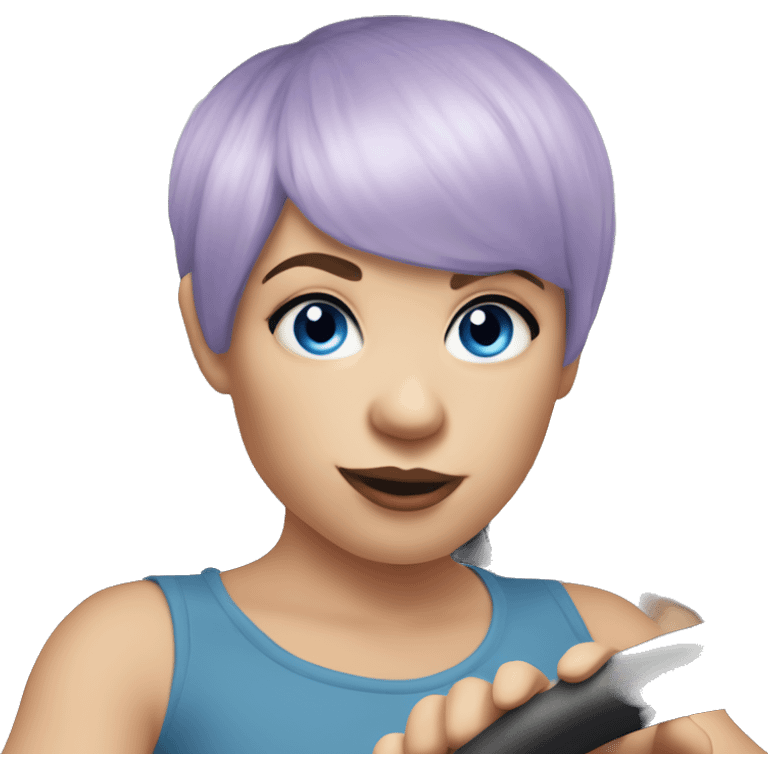 bangs lilac pixie cut hair girl with blue eyes, driving Cooper Mini Convertible  emoji