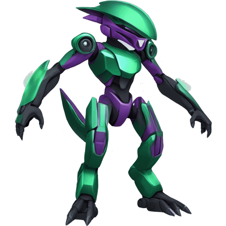 a shiny black-green-purple Genesect-Raptor-Fakémon-Medabot-hybrid with a futuristic visor-helmet full body emoji