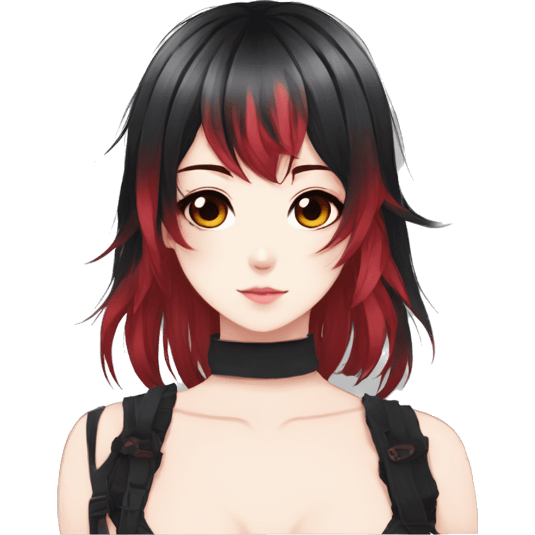 Gorgeous anime style shojo character with blushing face aesthetic and pretty edgy black red punk hair with hair garment trending style emoji