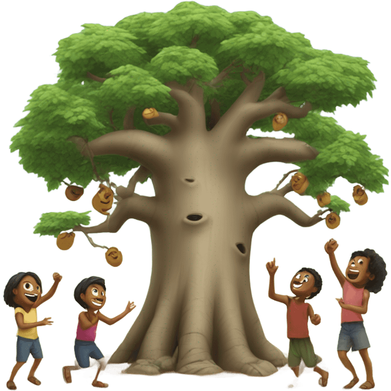 Create a baobab tree with 5 kids playing in Madagascar emoji