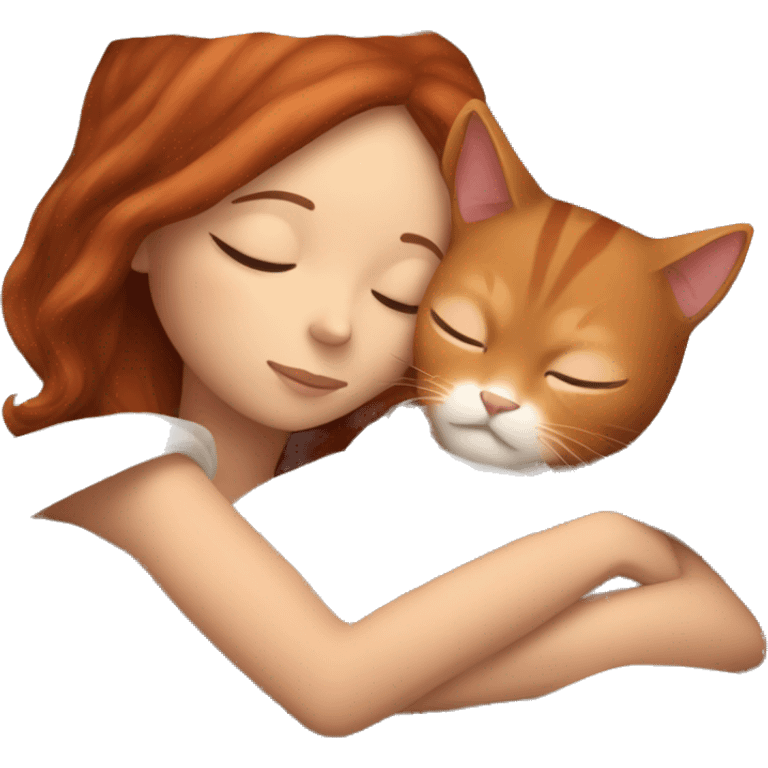 A white girl with brown hair sleeps with a red cat in a blanket emoji