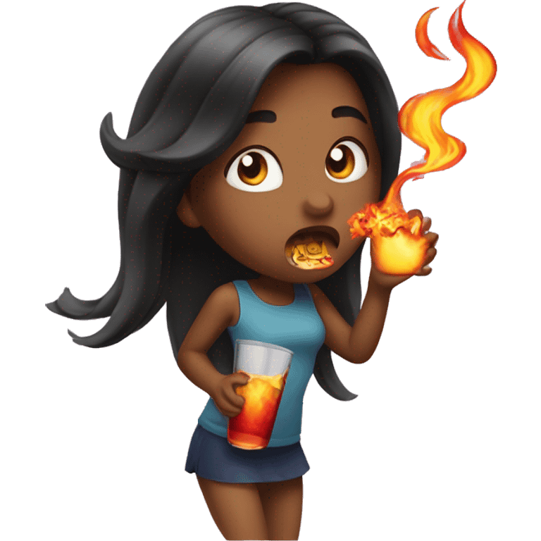 Girl with dark hair chugging fireball  emoji