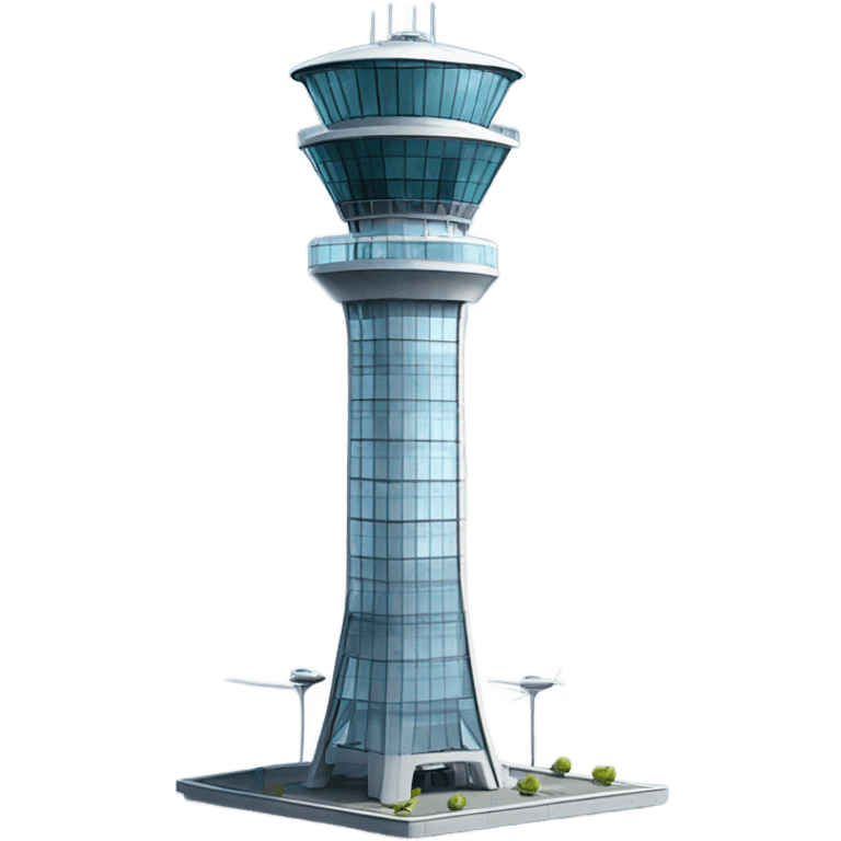 An air traffic control tower stands tall, its sleek, high-tech design featuring glass panels that reflect. emoji