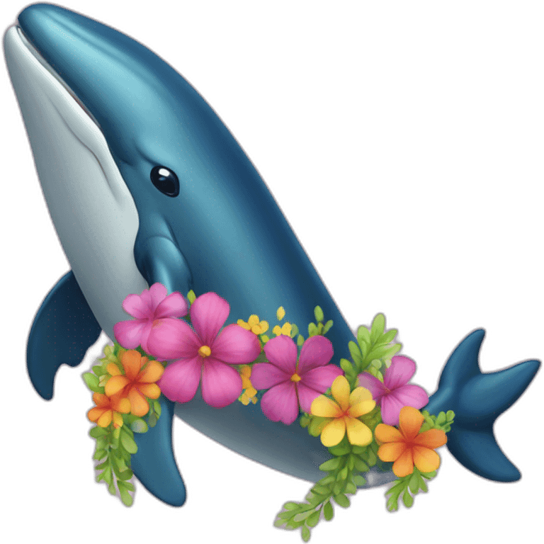 humpback whale wearing a colorful flower lei around its neck emoji