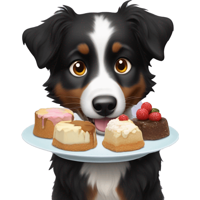 Small black australian shepherd dog eating dessert  emoji