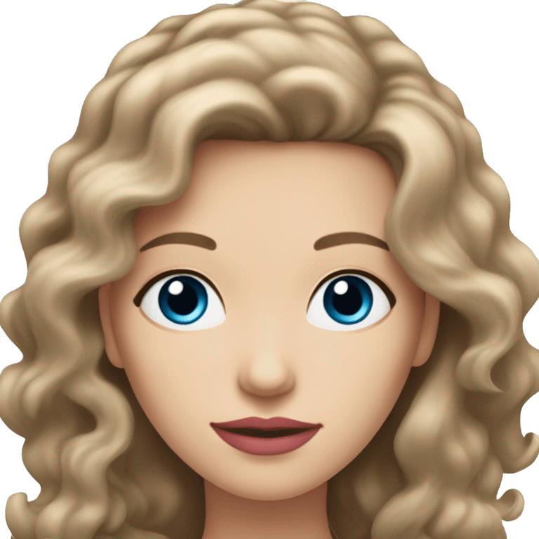 An adult white woman with wavy brown shoulder-length hair, pink lips, and blue eyes, cropped at the shoulders, on a white background emoji