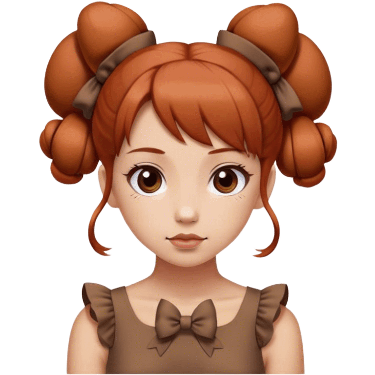 girl with reddish blunt hair and with 2 buns and 2 bows brown dress emoji