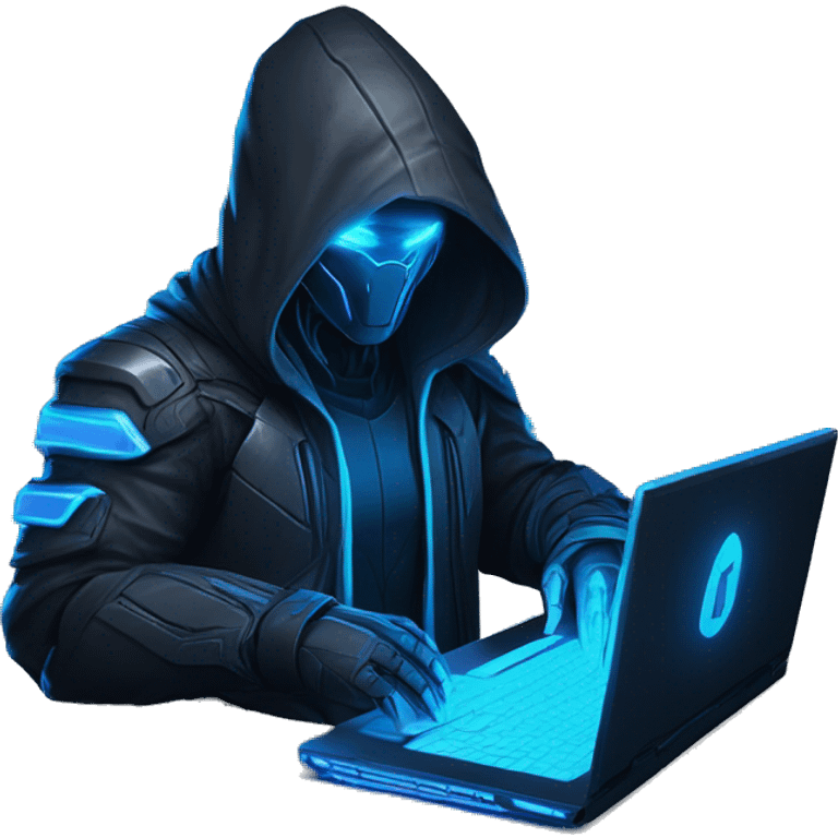 developer behind his laptop with this style : crysis Cyberpunk Valorant neon glowing bright blue character blue black hooded assassin themed character emoji