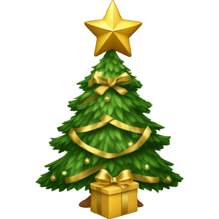 Christmas tree with golden ornaments, star on top and a golden bow emoji