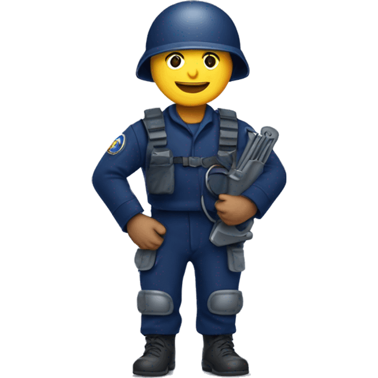 happy landmine clearance deminer holding metal detector looking for landmine. navy blue outfit.  emoji