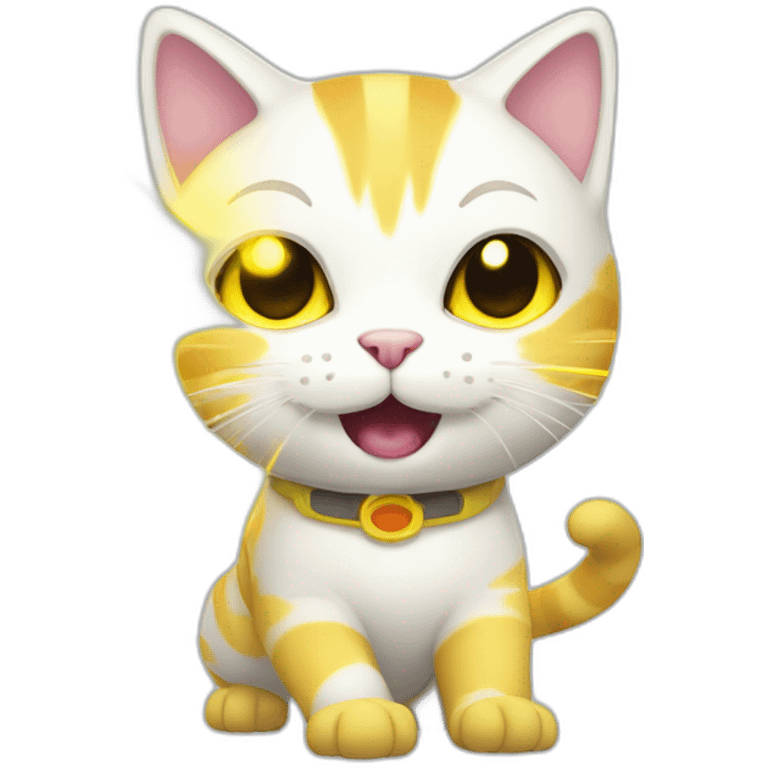 A white and yellow cat playing with a laser light emoji