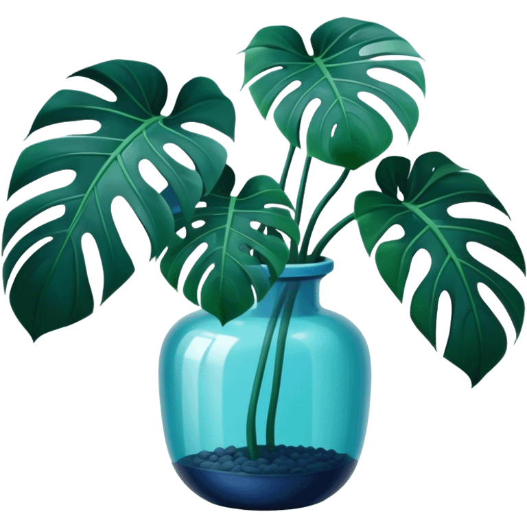 Aesthetic monstera flower in deep bottle green color in a beautiful blue pot emoji