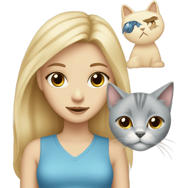 blonde girl with blue eyes with a grey cat with brown eyes emoji