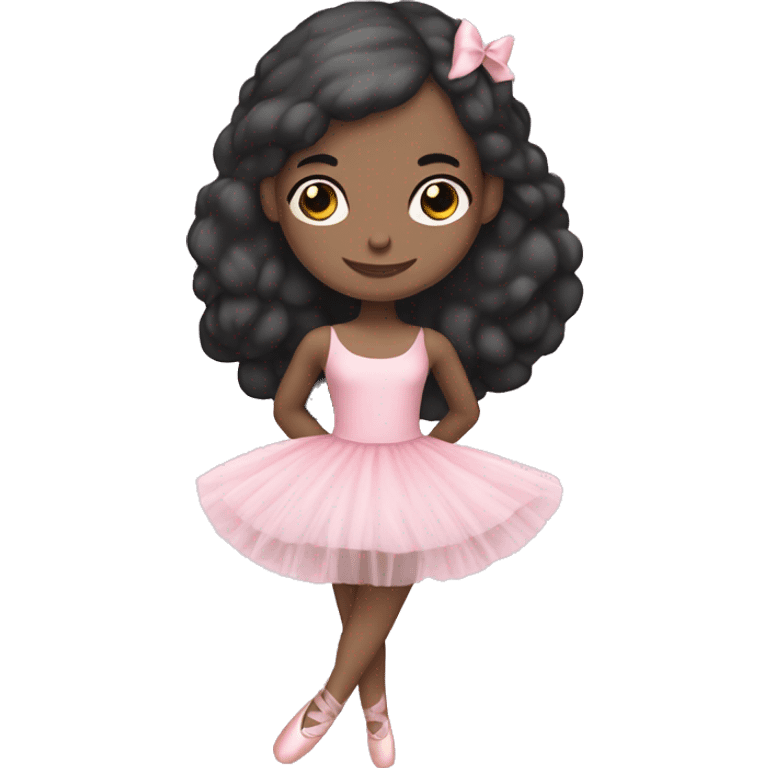 a ballerina with a cute pink tutu and has pale white skin with ballerina shoes and a bow on her head with black hair emoji