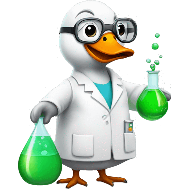 Goose wearing chemistry lab coat goggles and has flask with chemicals emoji