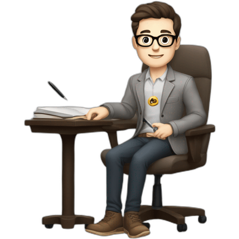 Pale skinned Fit Man With dark brown hair in gray jacket with emblem Ψ, beige office shirt and vintage glasses sitting In a soft chair with a notebook and a pen in his hands emoji