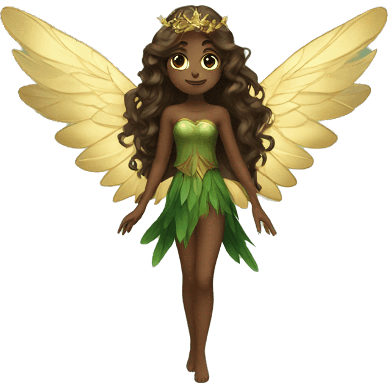 big wings, Beautiful, fairy, gold, brown, dark green, green, long hair emoji