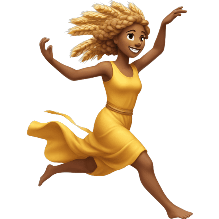 wheat harvest goddess, golden brown hair, sprinting with large stride and arms outstretched emoji