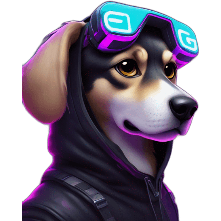 Russian dog wearing a black hoodie with "OMG" letters on it and VR headset in a cyberpunk VR environment with violet neon lighting. emoji