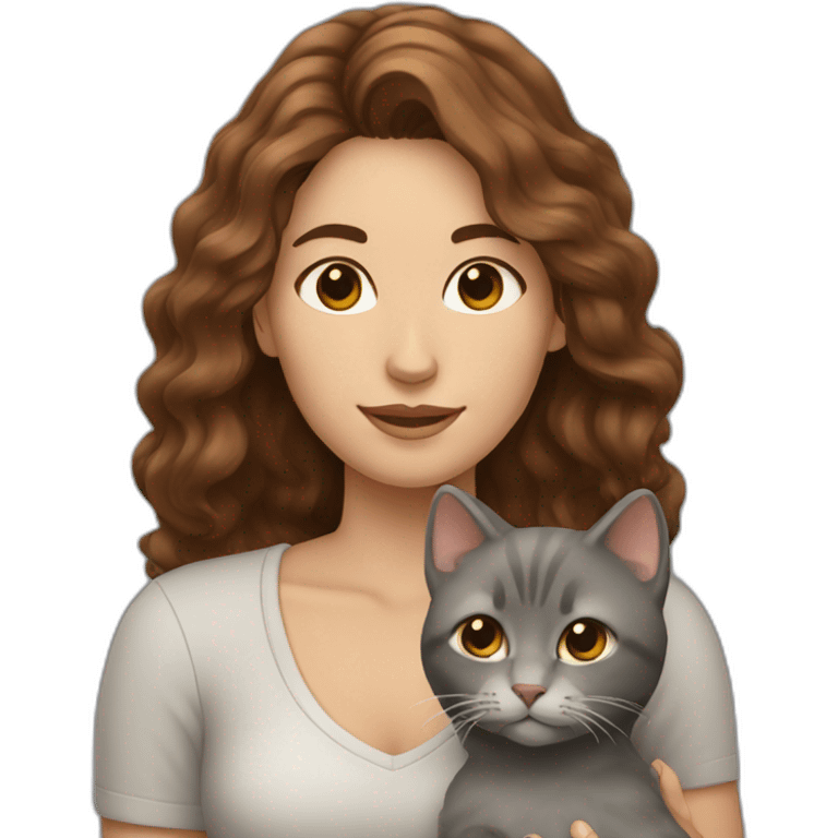 A woman with wavy brown hair holding a grey cat emoji