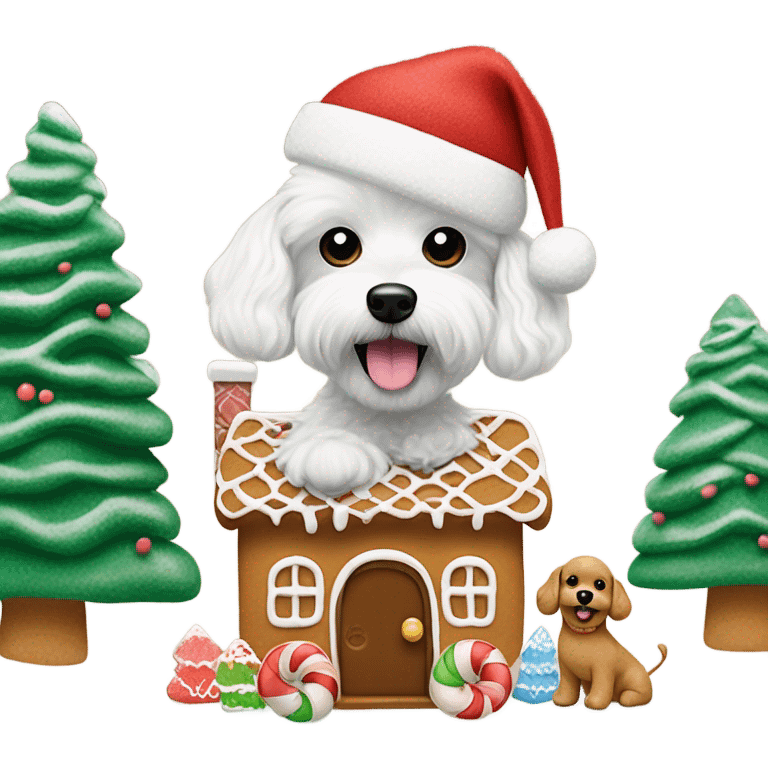 Cute Maltese poodle mix dog wearing Ugg boots and a cute little gingerbread house being decorated from the dog. Dog also needs a Santa hat and one AirPod on. Snow falling behind the dog and also snow covered trees behind  emoji