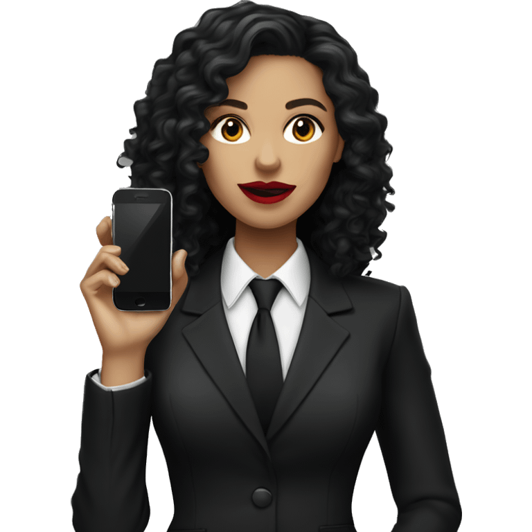 corporate white woman, red lipstick, long black curly hair, with a phone, black shirt, black blazer  emoji