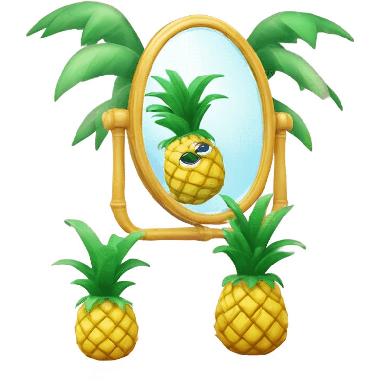 3D elegant pineapple🍍  with big shiny eyes 👀 pineapple holds mirror with its reflection 🪞🍍 emoji