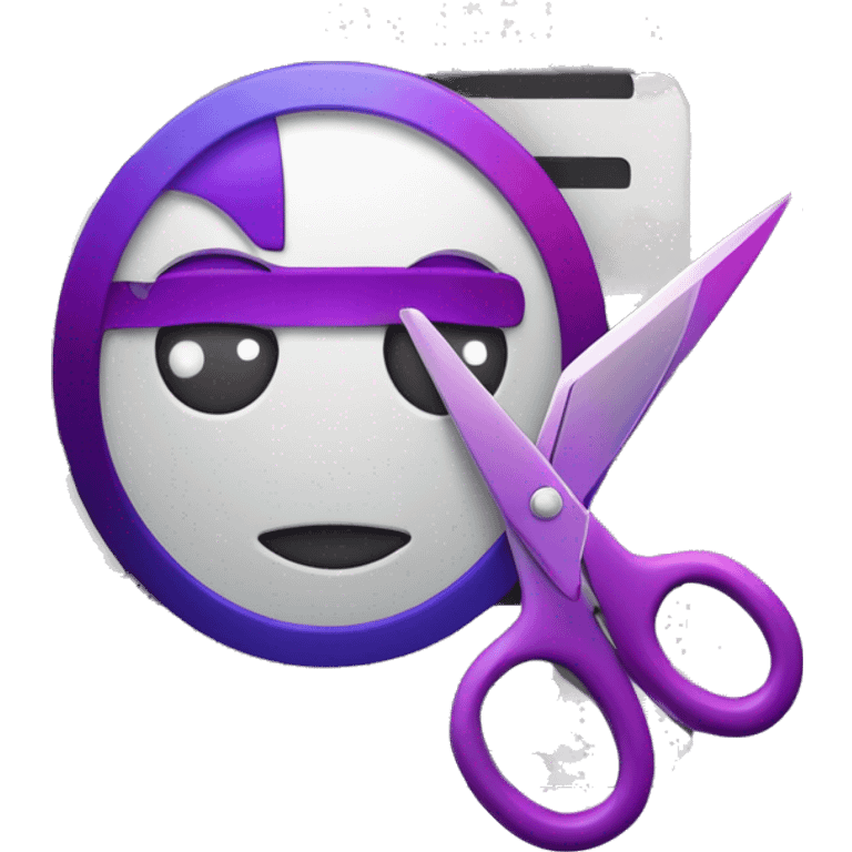 Design a sleek and professional video editing icon featuring a film strip, a play button, and a pair of scissors. Incorporate color correction sliders and subtle glowing effects. Use purple shades with gradients to create a modern, eye-catching look. emoji