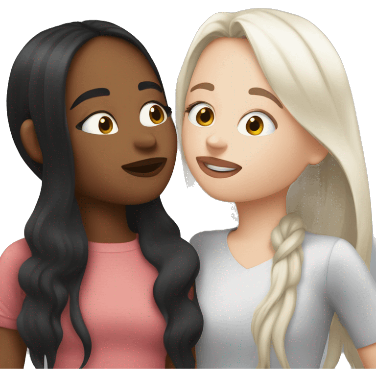 A girl kissing another girl on the cheek, both are blushing. They both have white skin and long black hair emoji