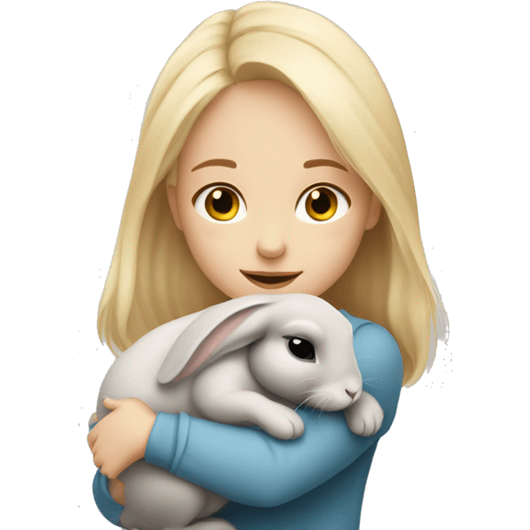 Blonde hair girl cuddling a cute grey rabbit emoji