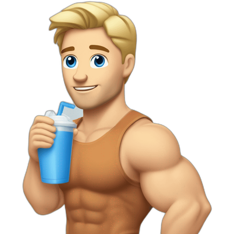 caucasian white muscled guy drinking a protein shake, goes to the gym everyday and works in tech. Has blonde/brunette hair, blue eyes. emoji