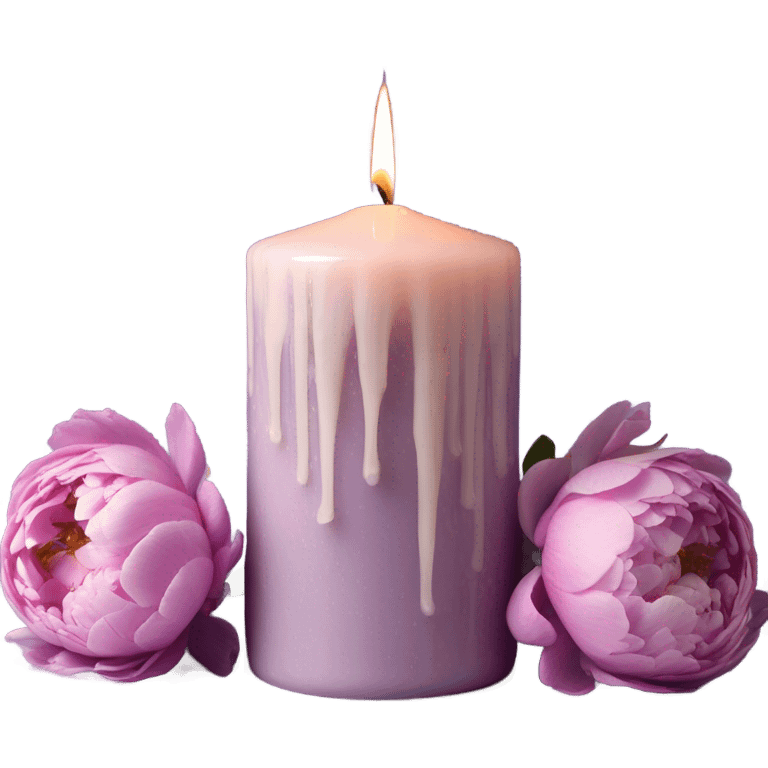 A vintage-inspired lilac candle with melted wax drips, surrounded by a bouquet of pastel peonies. emoji